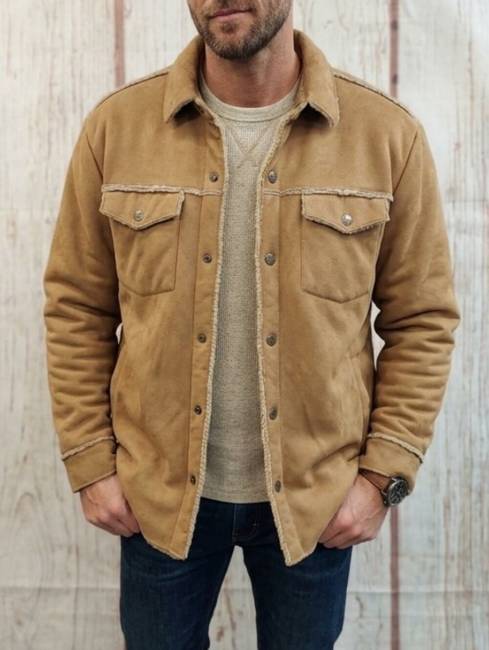 Tommy Hilfiger Suede Sherpa Lined Shirt Jacket Shacket in Tan Camel